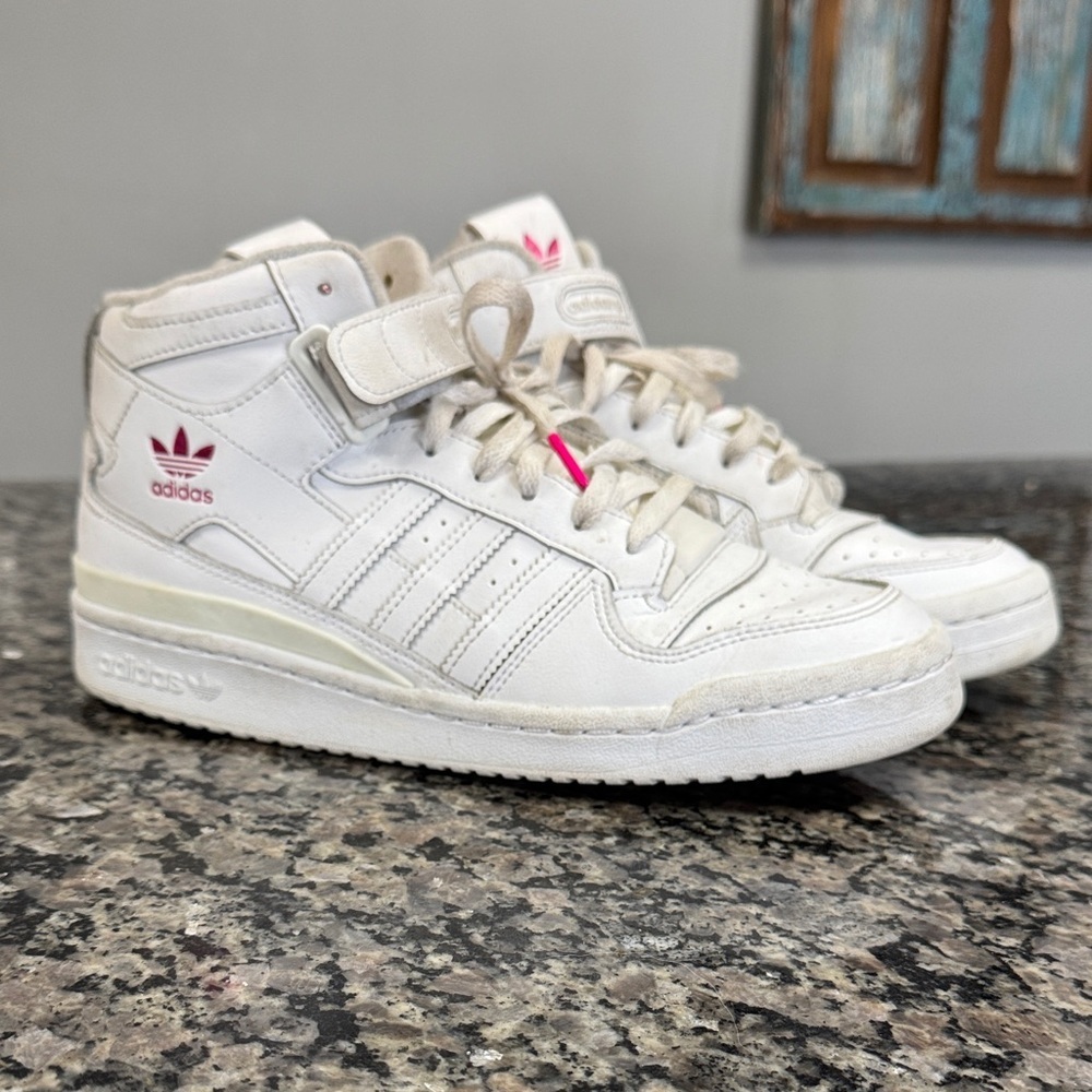 Adidas White leather High-Top Sneakers with Pink Logo M9.5 or W11